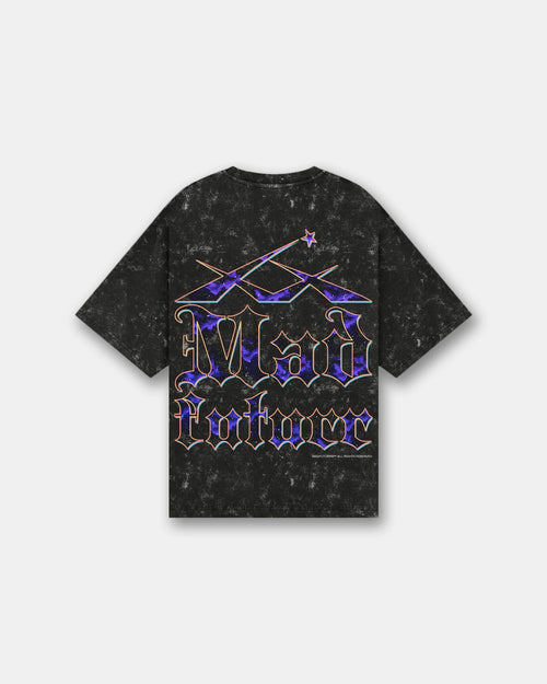 Black acid wash oversized t-shirt with robot holding skull graphic, Madfuturr