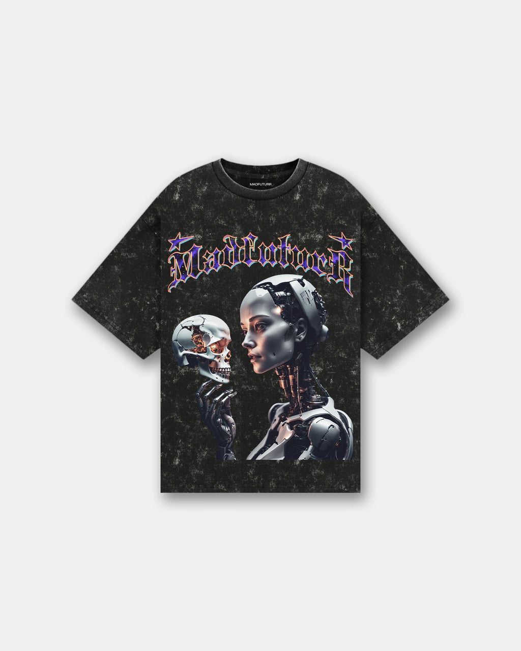 Black acid wash oversized t-shirt with robot holding skull graphic, Madfuturr