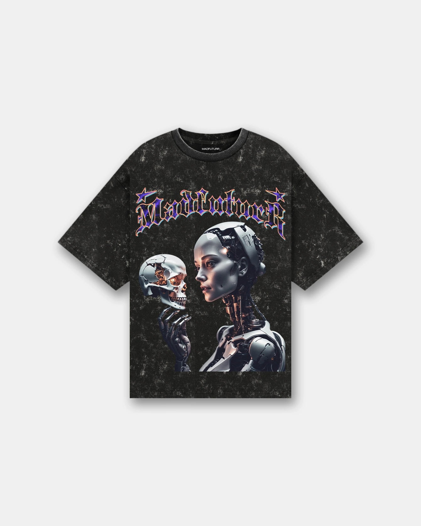 Black acid wash oversized t-shirt with robot holding skull graphic, Madfuturr