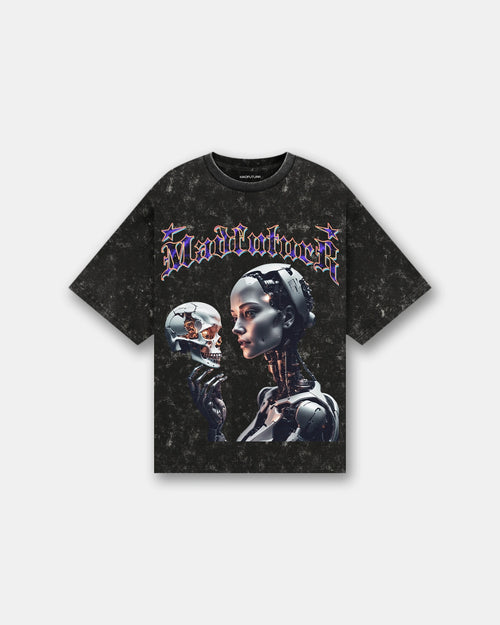 Black acid wash oversized t-shirt with robot holding skull graphic, Madfuturr