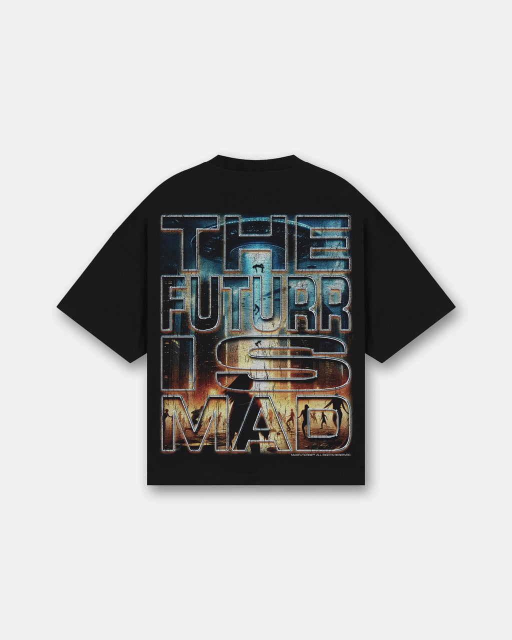 Black oversized t-shirt with sci-fi invasion graphic front and back, UFOs over city, Madfuturr