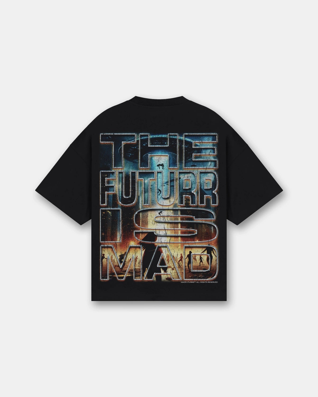 Black oversized t-shirt with sci-fi invasion graphic front and back, UFOs over city, Madfuturr
