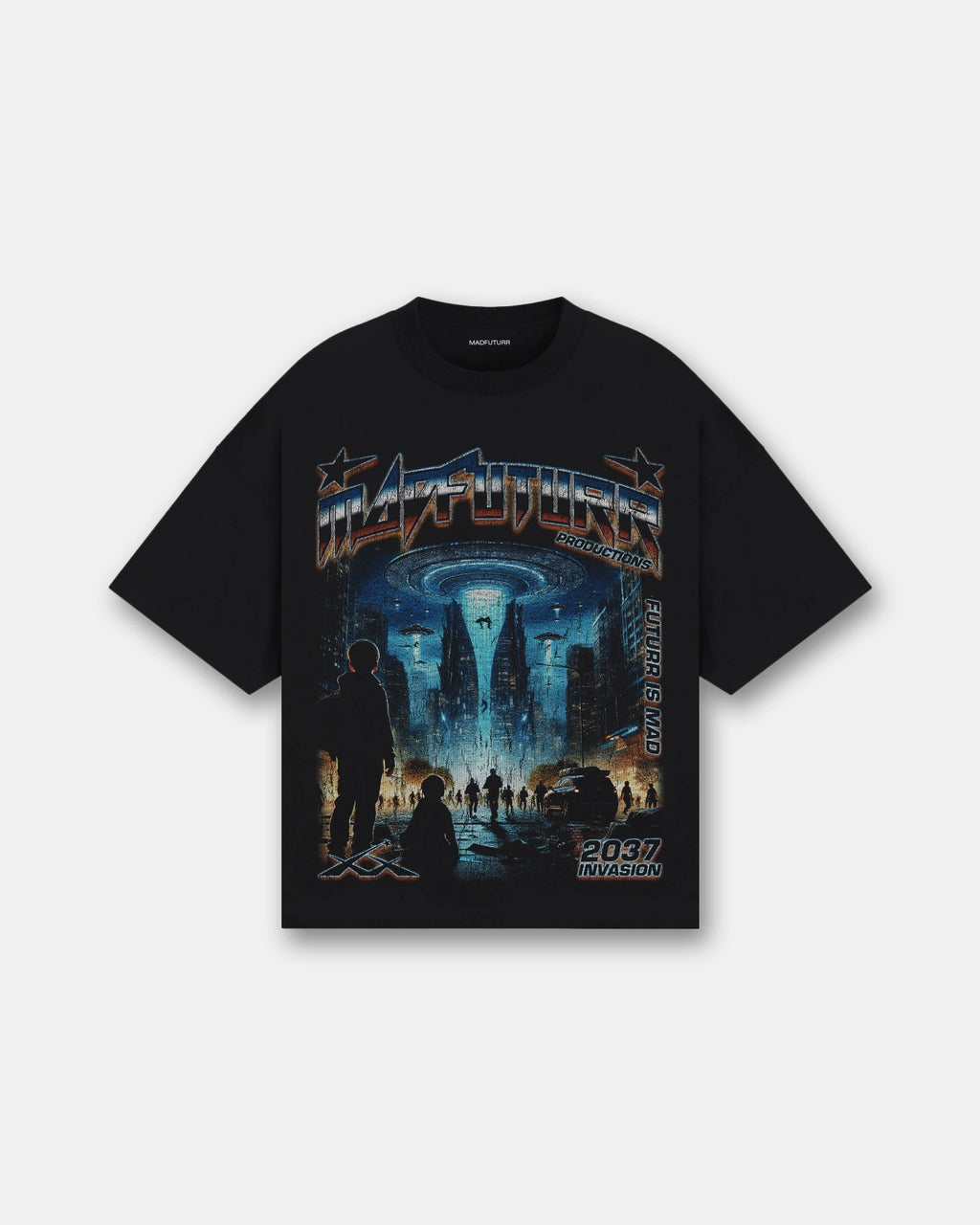 Black oversized t-shirt with sci-fi invasion graphic front and back, UFOs over city, Madfuturr