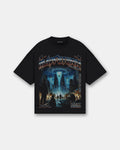 Black oversized t-shirt with sci-fi invasion graphic front and back, UFOs over city, Madfuturr
