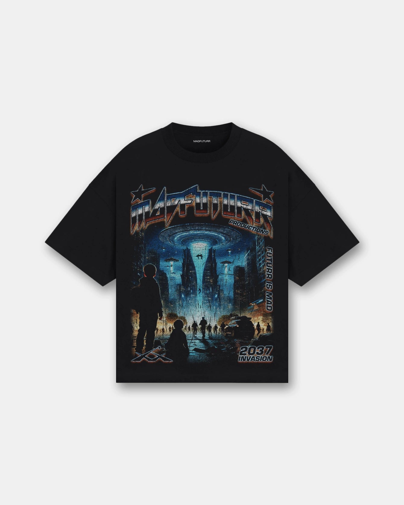 Black oversized t-shirt with sci-fi invasion graphic front and back, UFOs over city, Madfuturr