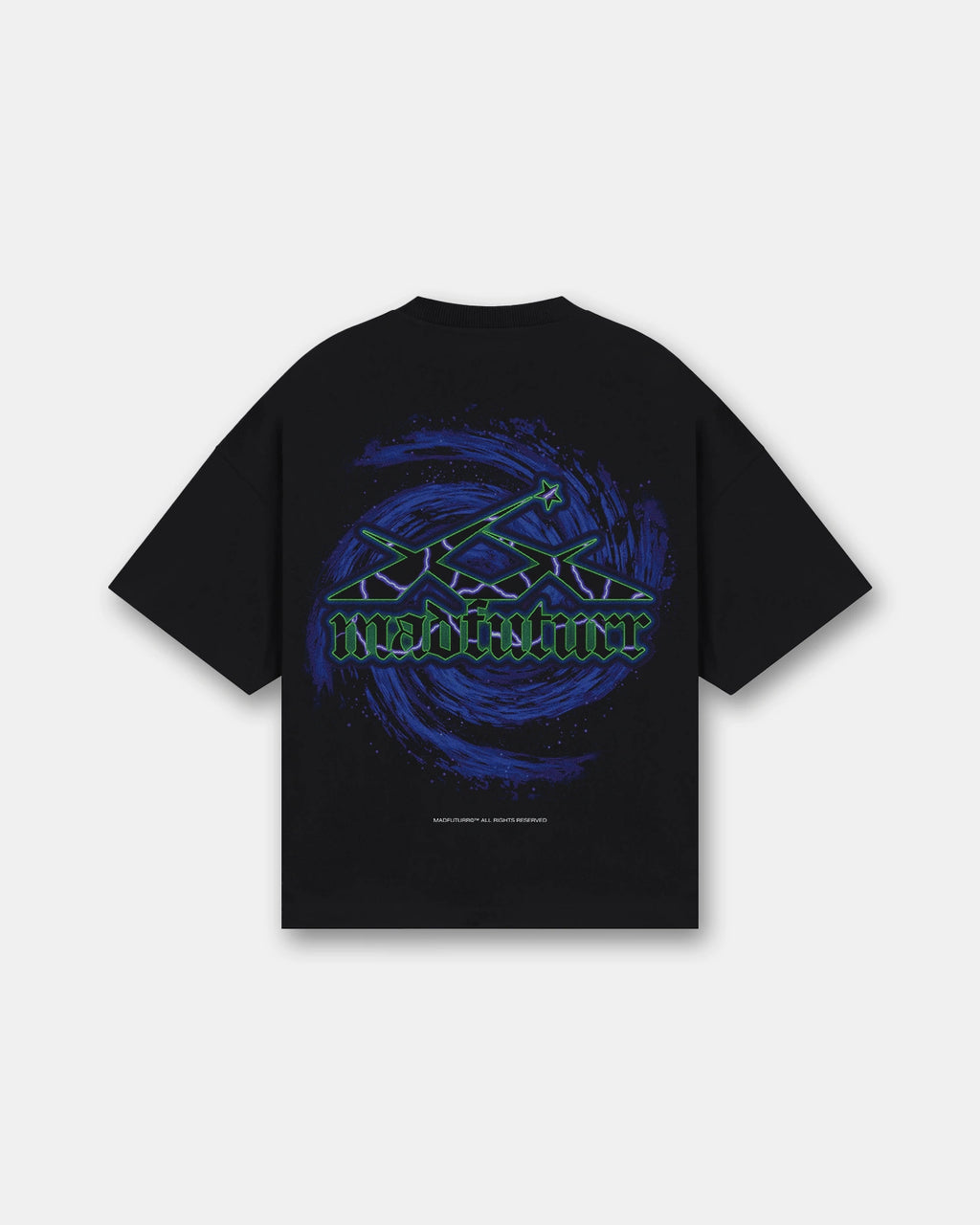 Black oversized t-shirt astronaut with skateboard on moon graphic, galaxy print back, Madfuturr