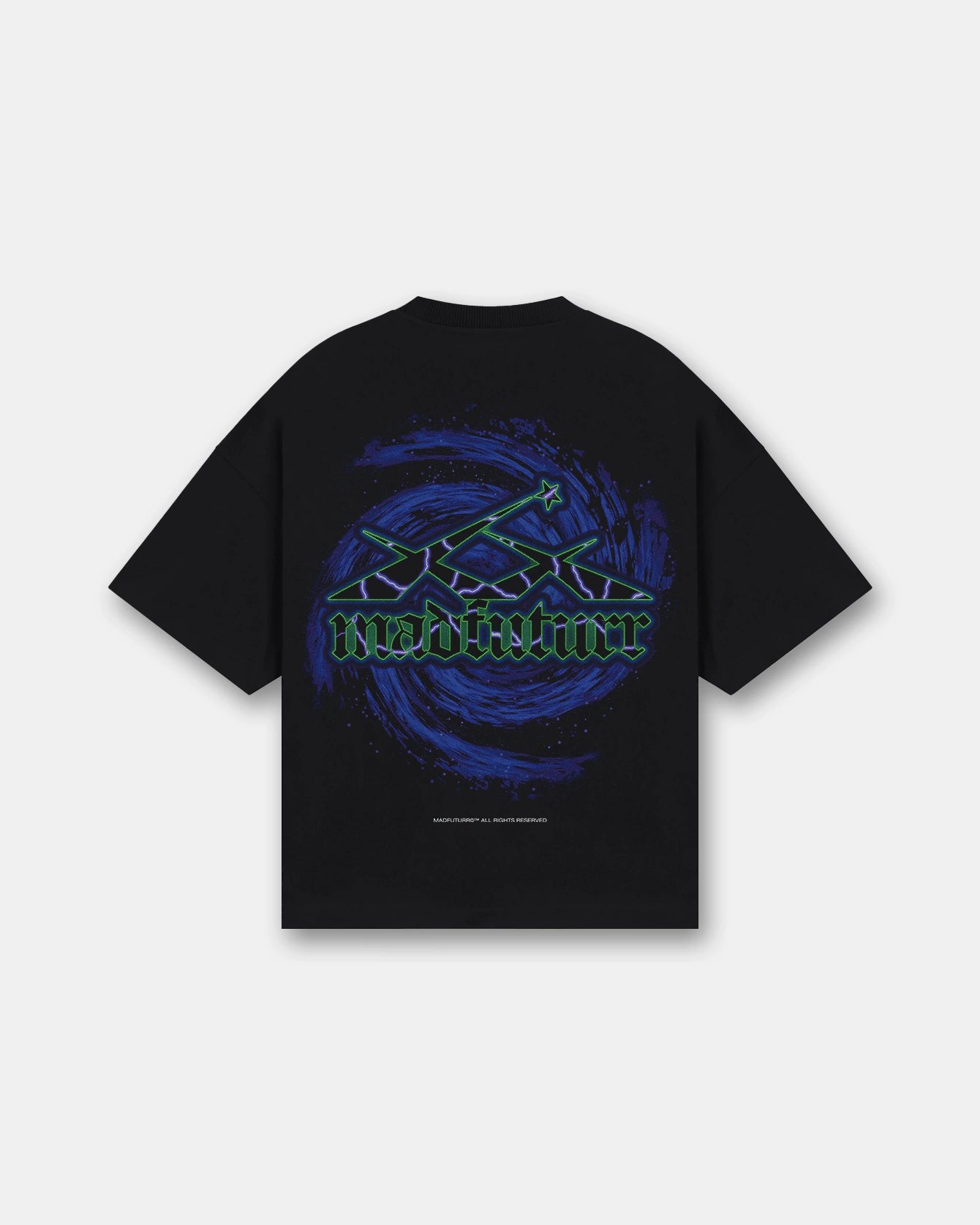 Black oversized t-shirt astronaut with skateboard on moon graphic, galaxy print back, Madfuturr