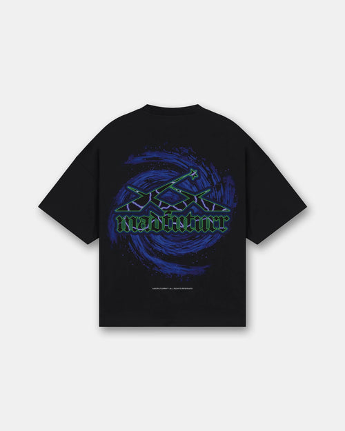 Black oversized t-shirt astronaut with skateboard on moon graphic, galaxy print back, Madfuturr