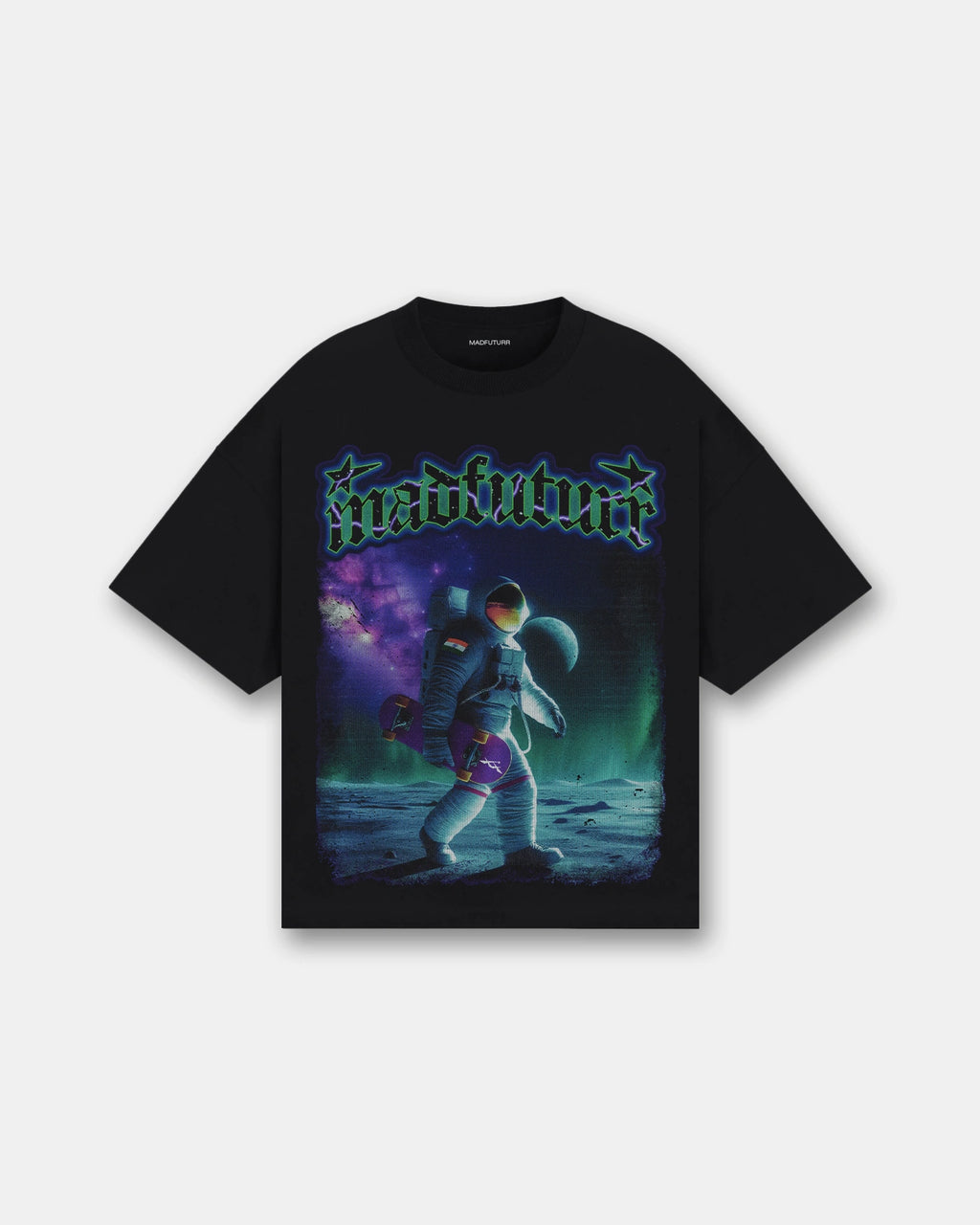 Black oversized t-shirt astronaut with skateboard on moon graphic, galaxy print back, Madfuturr