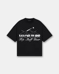 Black t-shirt with white graphic design on a light gray background