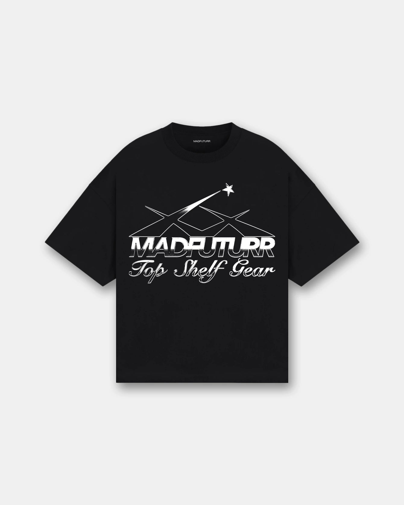 Black t-shirt with white graphic design on a light gray background