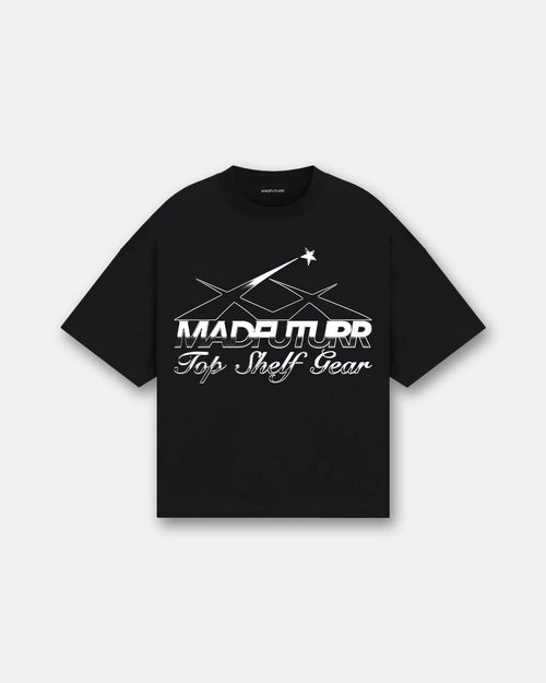 Black t-shirt with white graphic design on a light gray background