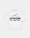 White t-shirt with black graphic design and text on a white background