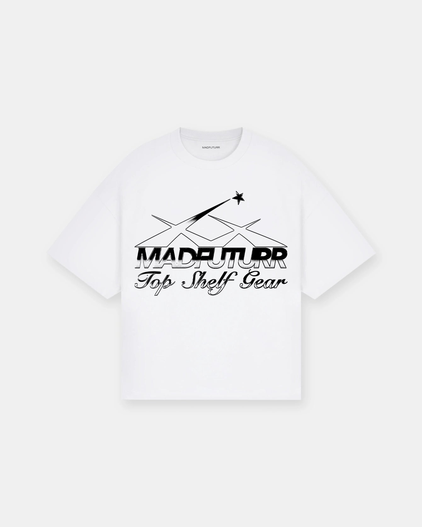 White t-shirt with black graphic design and text on a white background